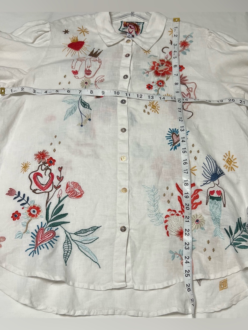Johnny Was 100% Linen Embroidered Puff Sleeve Button Top White Size M - Picture 11 of 13